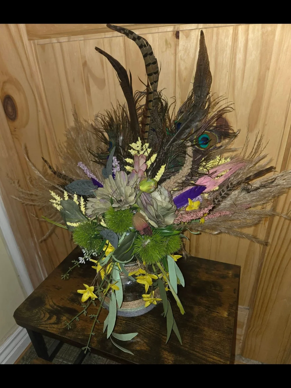 Handmade Boho Peacock Feather Pampas Grass Faux Floral Rustic Cottage Home Decor